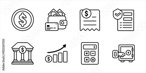 Finance outline icons pack. Business office thin line symbol collection. Icon set