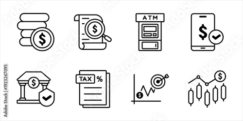 Financial outline symbols pack. Corporate office thin line icon collection
