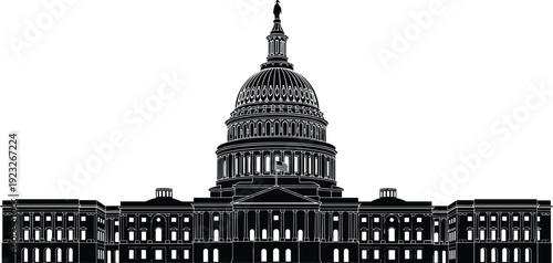 Black silhouette illustration of United States Capitol building, iconic Washington DC landmark, isolated on white background, symbol of American government, politics, democracy, and architecture.