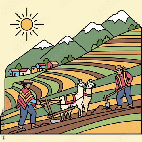Andean farmers tilling terraced fields with llamas under sunny sky