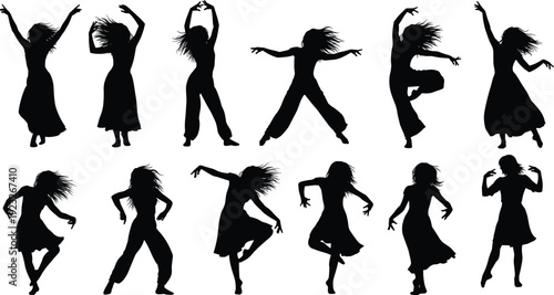 Dancing people silhouettes illustration, expressive movement vector artwork, performance design graphics, artistic icons collection, dynamic choreography symbol set