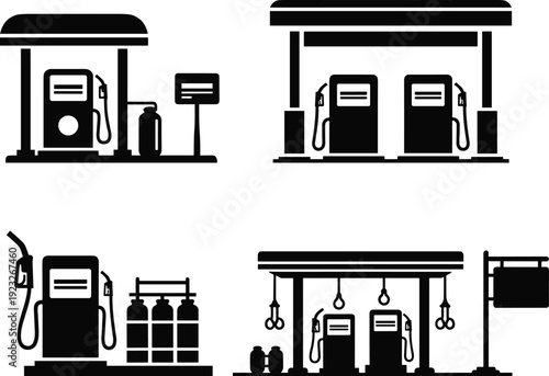 Black silhouette illustration set of gas station and fuel pump designs, showing refueling infrastructure elements, isolated on white background for transportation, energy, and industrial concept 