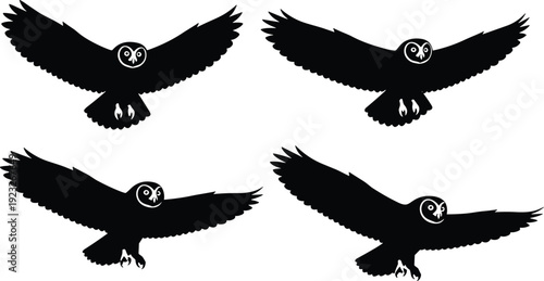 Flying owl silhouette vector illustration, nocturnal bird wildlife graphic design, wings spread animal art icon, nature symbol pose