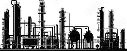 Black silhouette industrial refinery plant vector illustration, detailed oil gas factory with pipelines towers machinery, heavy industry energy infrastructure isolated on white background