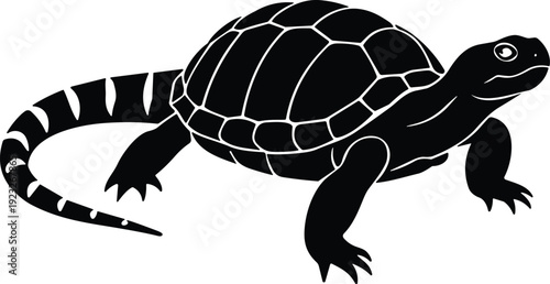 Turtle silhouette vector illustration, long striped tail design, reptile creature graphic, black white bold style, unique wildlife art