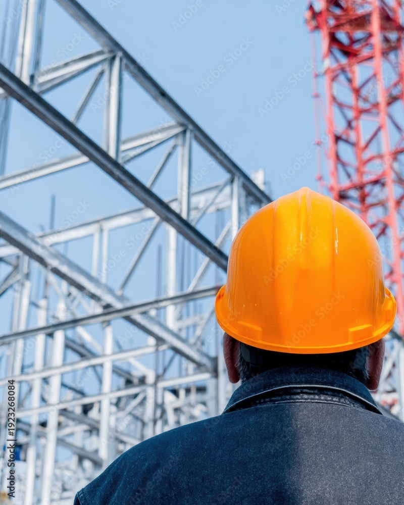 Fototapeta premium Construction worker in yellow hard hat looking at steel building frames, professional engineer supervising industrial site development during bright daylight outdoors