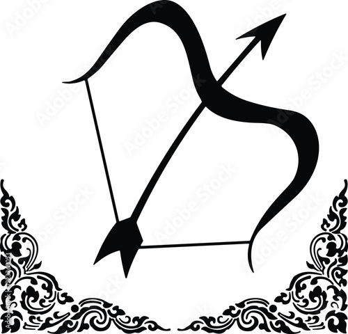 Black bow and arrow silhouette with decorative floral corner ornaments vintage archery symbol vector illustration for hunting competition logo or classic mythological design elements