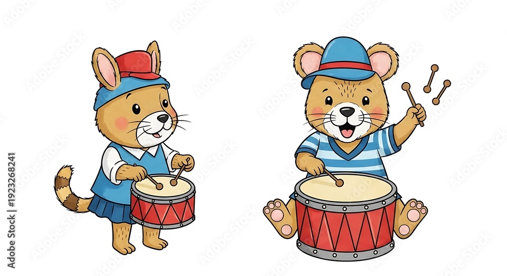 Fototapeta premium Cartoon Mice Playing Drums Musically.