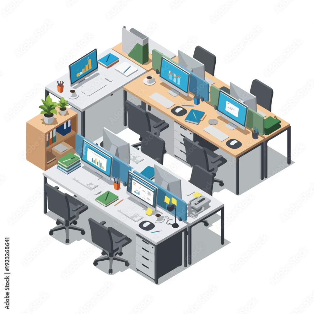 Obraz premium Modern Office Cubicles with Computers and Desks