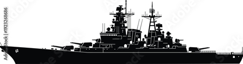 Black silhouette modern warship battleship vector illustration, detailed naval military vessel with radar and guns, maritime defense technology isolated on white background
