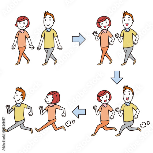 歩きから徐々に走るカップル