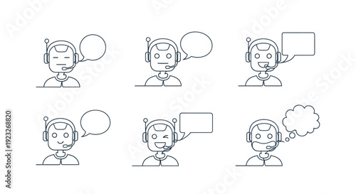 A set of six chatbot vector illustrations depicting customer service robots with speech bubbles in various expressions on a clean white background.