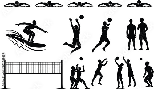 Sports silhouettes collection featuring swimming, surfing, and volleyball players isolated on white background, active lifestyle illustration set for fitness, competition, and recreation design