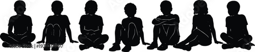 Silhouette of diverse children sitting in a row isolated on white background, kids group illustration for education, childhood concept, and social themes
