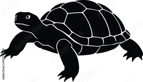 Turtle silhouette vector illustration, walking posture design, shell scutes pattern graphic, black bold style, reptile animal art