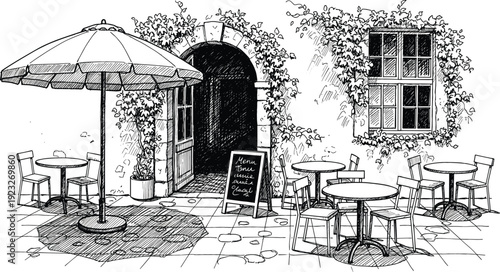 Black and white line art illustration of a European-style outdoor cafe terrace featuring patio tables, chairs, a large umbrella, and ivy-covered stone walls