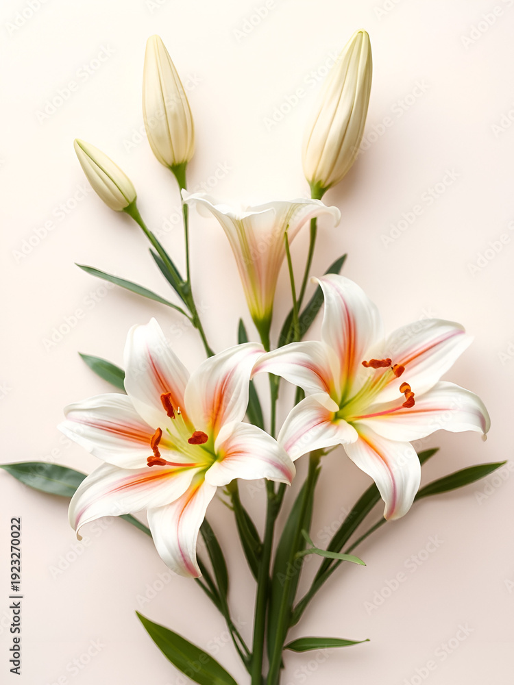 Fototapeta premium Composition with delicate lily flowers on light background