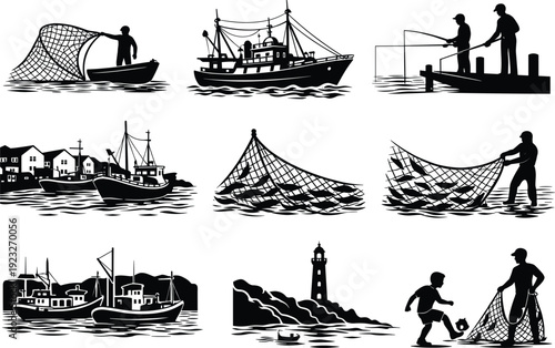 Commercial Fishing and Maritime Industry Silhouettes Set Featuring Fishermen, Trawlers, Fishing Nets, Coastal Village, Lighthouse and Seafood Harvesting Activities Illustration
