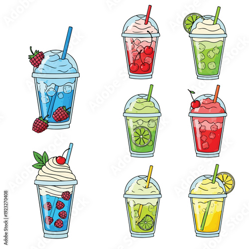 Colorful milkshakes and smoothies with fruits and straws