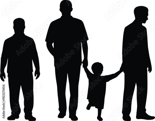 Men and child walking silhouette, family relationship concept, fatherhood care, people together, parenting lifestyle, human connection illustration