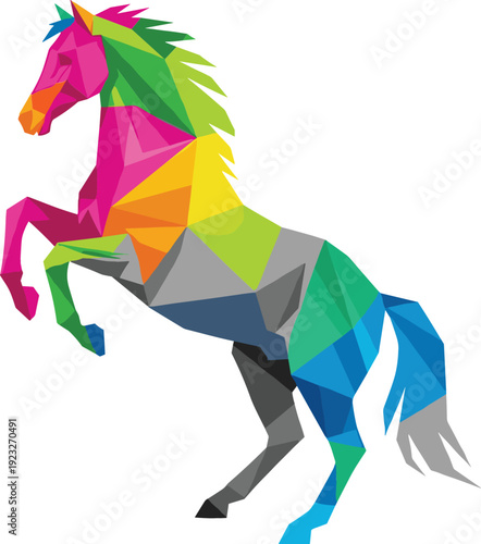 Polygonal low poly illustration of a horse rearing up on its hind legs, featuring a vibrant rainbow of geometric triangular patterns in pink, green, yellow, and blue