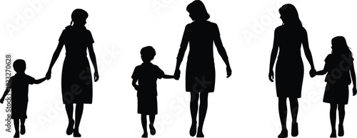 Mother and children silhouettes walking together, family bonding across ages, isolated on white background, parenting love care people concept