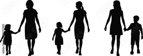Mother and child silhouettes walking together, different ages family bond, isolated on white background, parenting love care people concept