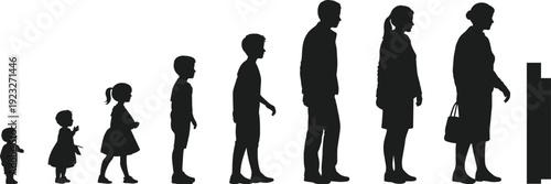 Human life stages silhouette sequence, child to adult growth progression, isolated on white background, aging life cycle people concept