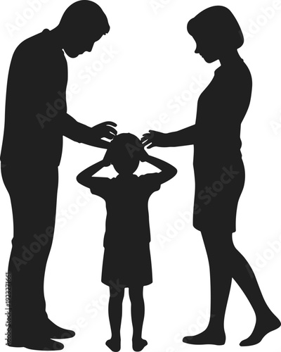 Family conflict silhouette, parents scolding stressed child, isolated on white background, emotional parenting problem social issue people concept