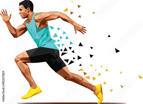 Low poly geometric illustration of a male sprinter in a dynamic running pose with abstract triangle particles trailing behind