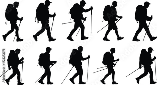 Set of hiking backpacker silhouettes, walking with trekking poles, isolated on white background, outdoor adventure travel people collection