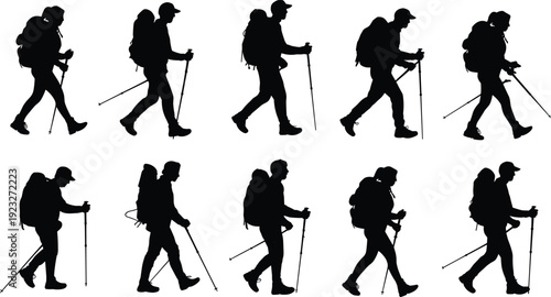 Hiking people silhouettes set with backpacks and trekking poles, walking sequence, outdoor adventure, travel exploration, nature activity illustration
