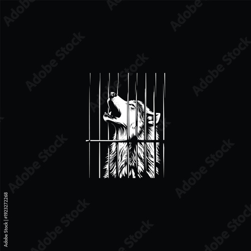 Hand-drawn illustration of a howling wolf trapped behind metal cage bars