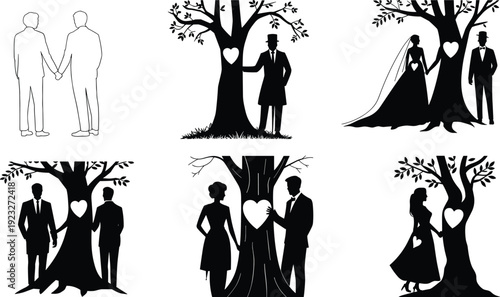 Black vector silhouette set of diverse couples in formal wedding attire posing by trees with heart shapes for marriage engagement and romantic branding