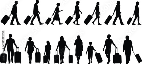 Travelers silhouettes walking with luggage and suitcases, men women children, journey, tourism, airport travel, mobility concept illustration