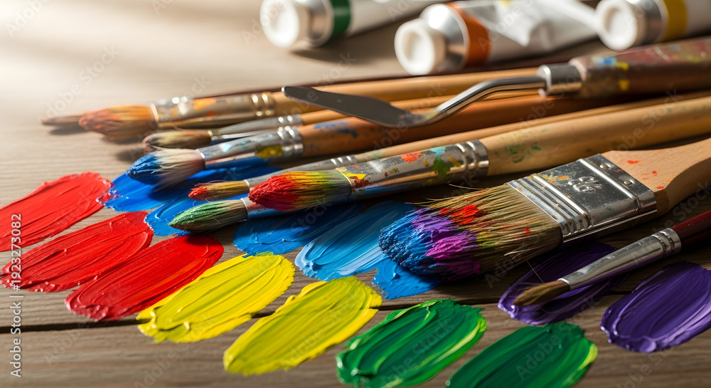 Fototapeta premium Art supplies including paintbrushes and tubes of colorful paint arranged on a wooden surface for creative projects and artistic expression