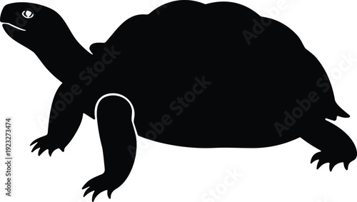 Turtle tortoise silhouette, black vector illustration of reptile with domed shell, clawed feet, long neck, stylized wildlife design for artwork