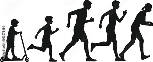Human life stages silhouettes from child to adult running, growth, development, evolution, fitness, progress, motion concept illustration