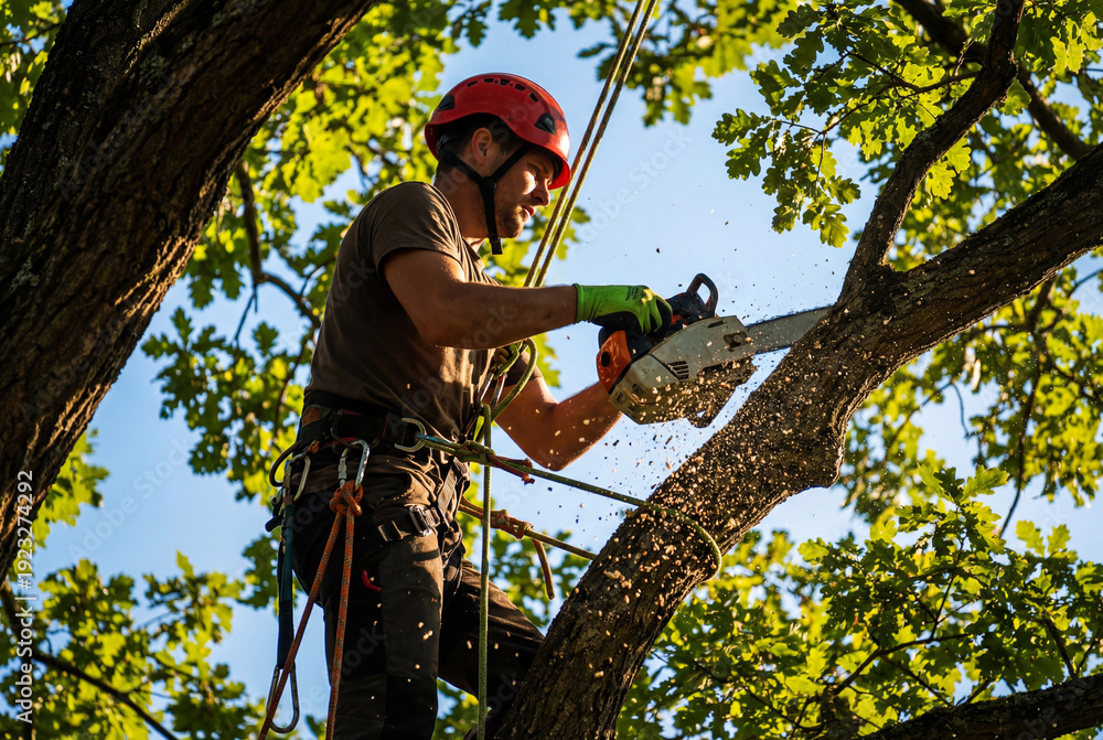 Naklejka premium Arborist in red helmet and safety gear using chainsaw to cut tree branch