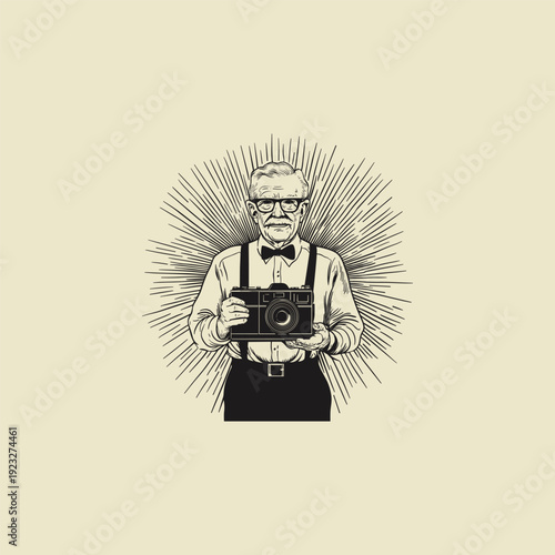 illustration of a vintage photographer holding an old-fashioned camera, featuring a sunburst radiant background