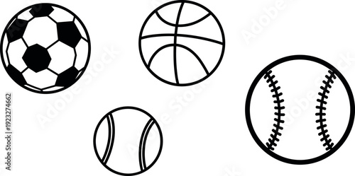 Sports ball outline vector icon set featuring soccer, basketball, tennis, and baseball symbols in clean minimal style for athletic, fitness, and recreation designs