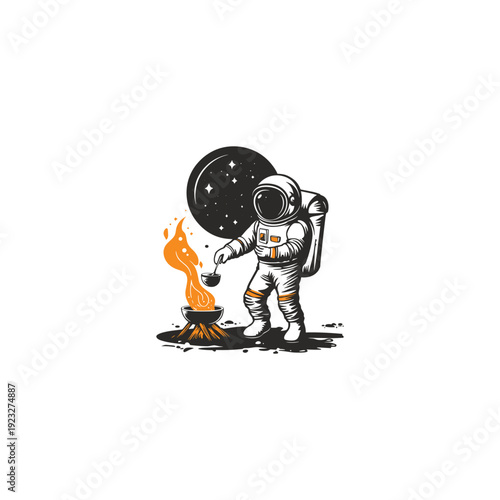 illustration of an astronaut cooking over a campfire on the moon's surface, surrounded by starry space