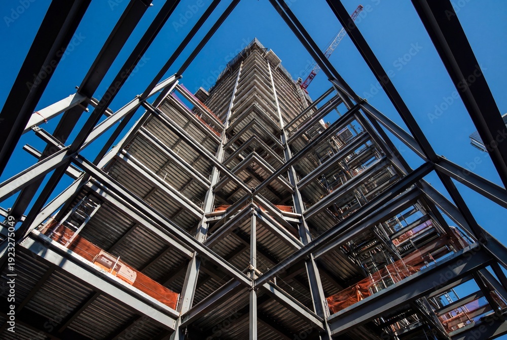 Fototapeta premium Low angle view of a steel skyscraper frame under construction
