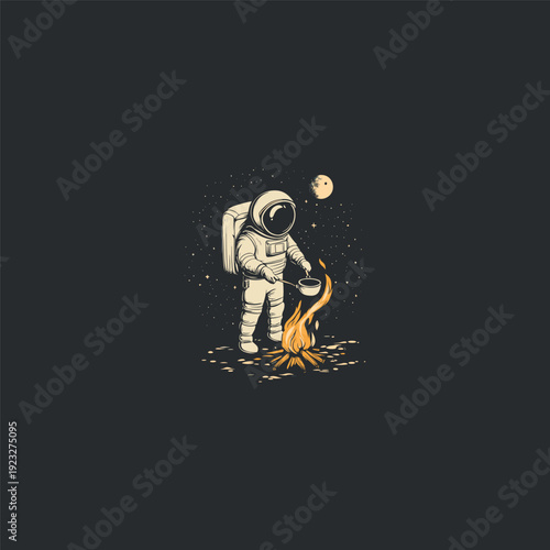 illustration of an astronaut cooking over a campfire on the moon's surface, surrounded by starry space