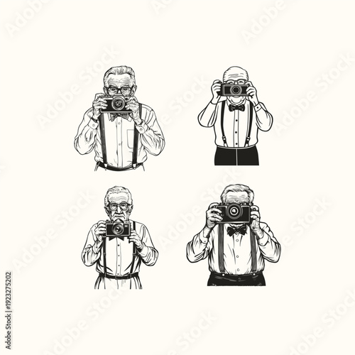 illustrations featuring senior photographers in various shooting poses with vintage cameras, detailed ink sketch style