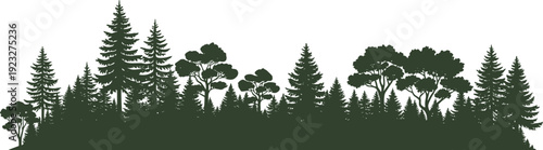 Forest silhouette vector illustration, mixed tree design, dark green woodland graphic, coniferous broadleaf nature art, outdoor ecosystem emblem