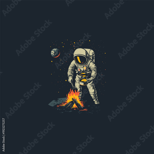 illustration of an astronaut cooking over a campfire on the moon's surface, surrounded by starry space