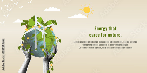 Future Energy Sustainable Earth. Trendy halftone collage. An illustration depicting hands holding planet Earth, with wind turbines, plants, and flowers. The concept is about green energy, renewable