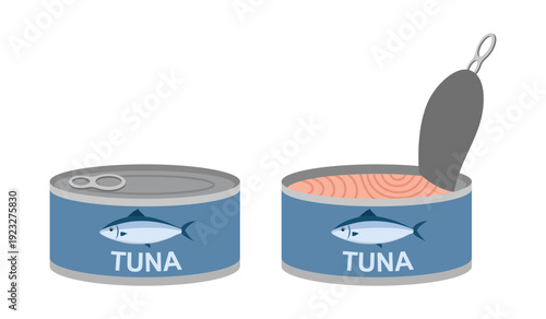 Tuna can closed and opened set in flat design on white background.
