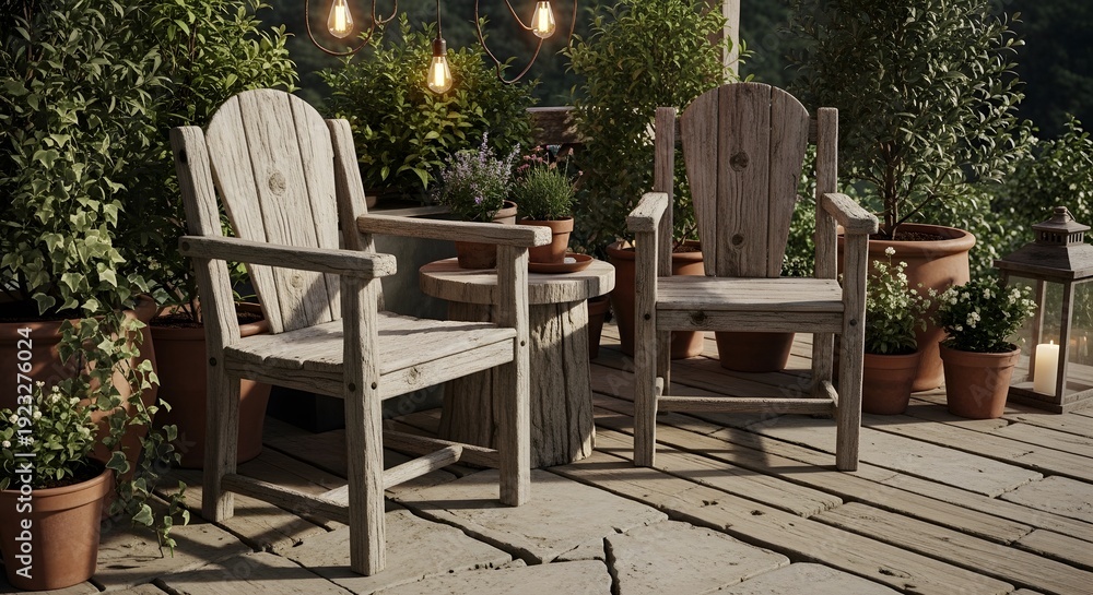 Fototapeta premium Inviting outdoor patio retreat with rustic wooden chairs and tranquil evening ambiance, perfect for serene garden relaxation and quiet moments